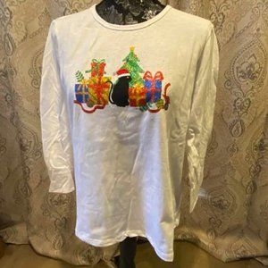 Gloria Vanderbilt White Glitter Black Cat Christmas Top, M
